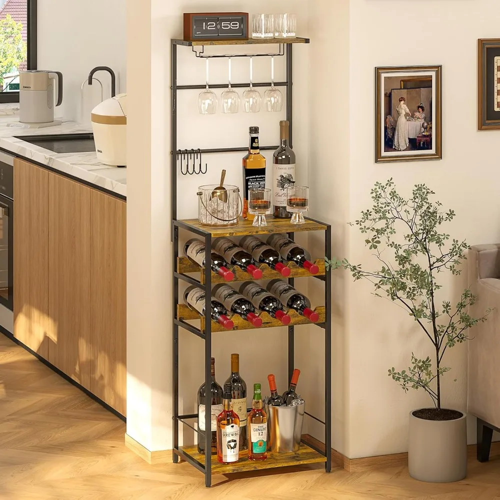 

5-Tier Wine Rack Freestanding Floor, Liquor Bar Stand with Glasses Holder and 4 S Hooks, Corner Mini Bar Cabinet for Small Space