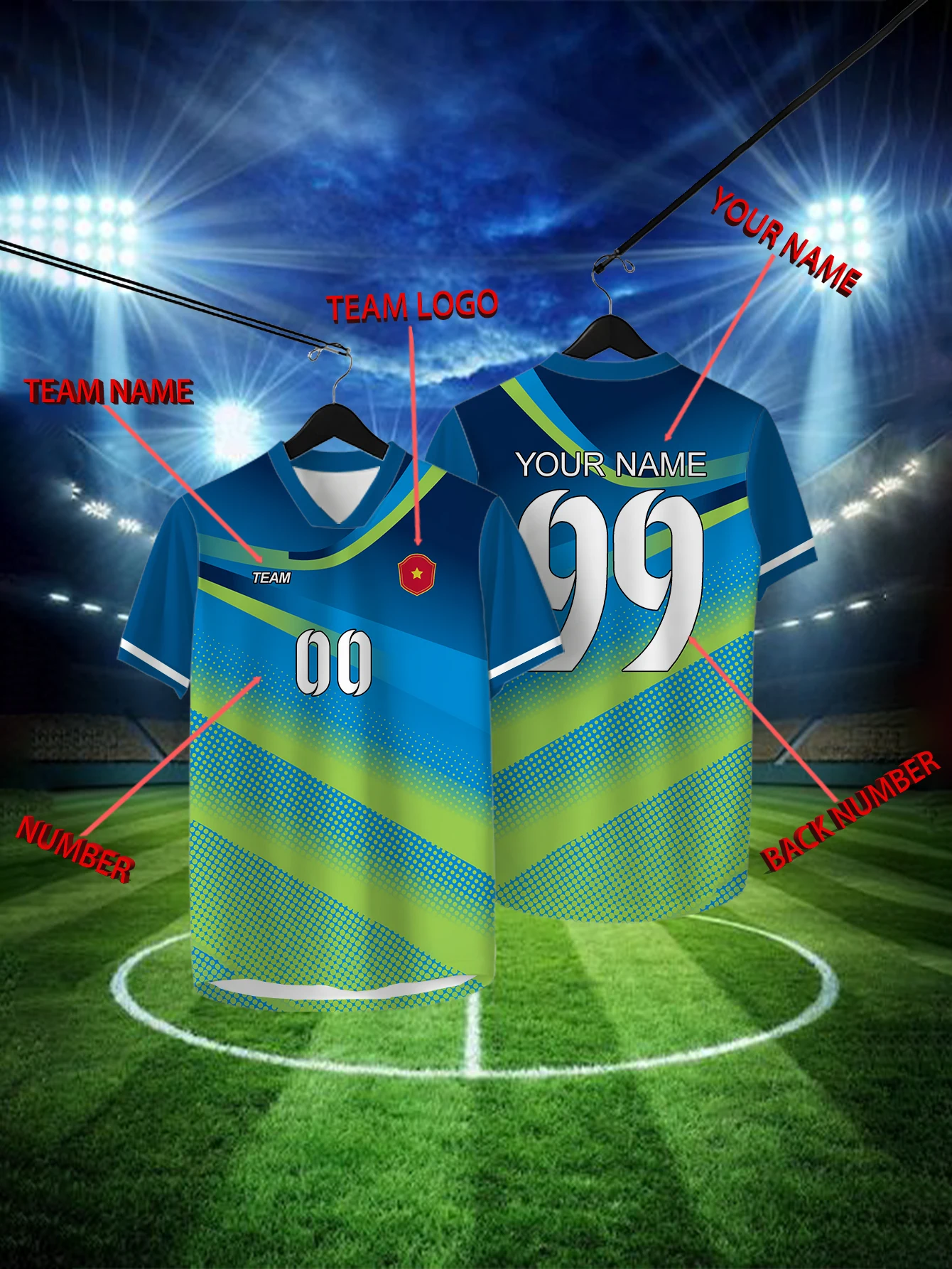 

Customized Geometric Blue Short Sleeved Shirt with Team Name, Emblem, Name and Number, Outdoor Sports Short Sleeved T-shirt