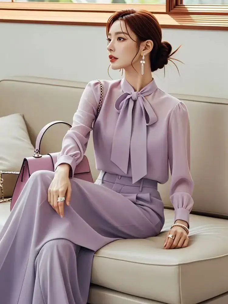 Autumn New Fashion Office Lady Outfits Elegant Lace Up Collar Puff Sleeve Blouses + High Waist Wide Leg Pants Two Piece Set