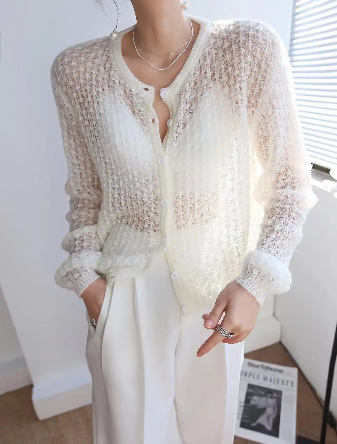 Cardigan Women New V Neck Pearl Single Breasted Loose Short Sweater Sweet Long Sleeve Knitting Tops