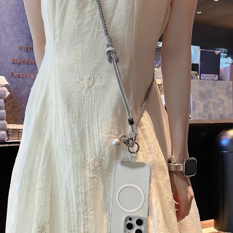 New Luxury Sparkle Rhinestone Bead Phone Strap Charm Long Chain Knot Cellphone Lanyard Keychain Bag Camera Diagonal Hanging Rope