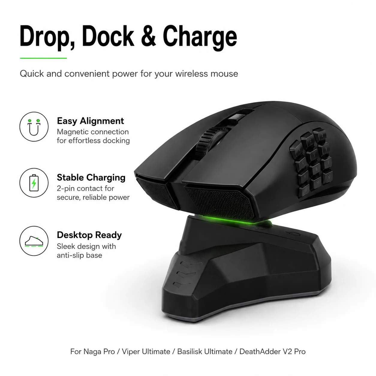 Wireless Mouse Charging Dock for Razer Naga Pro Viper Ultimate Basilisk Ultimate DeathAdder V2 Pro Charger Stand 1.5M Cable view 5