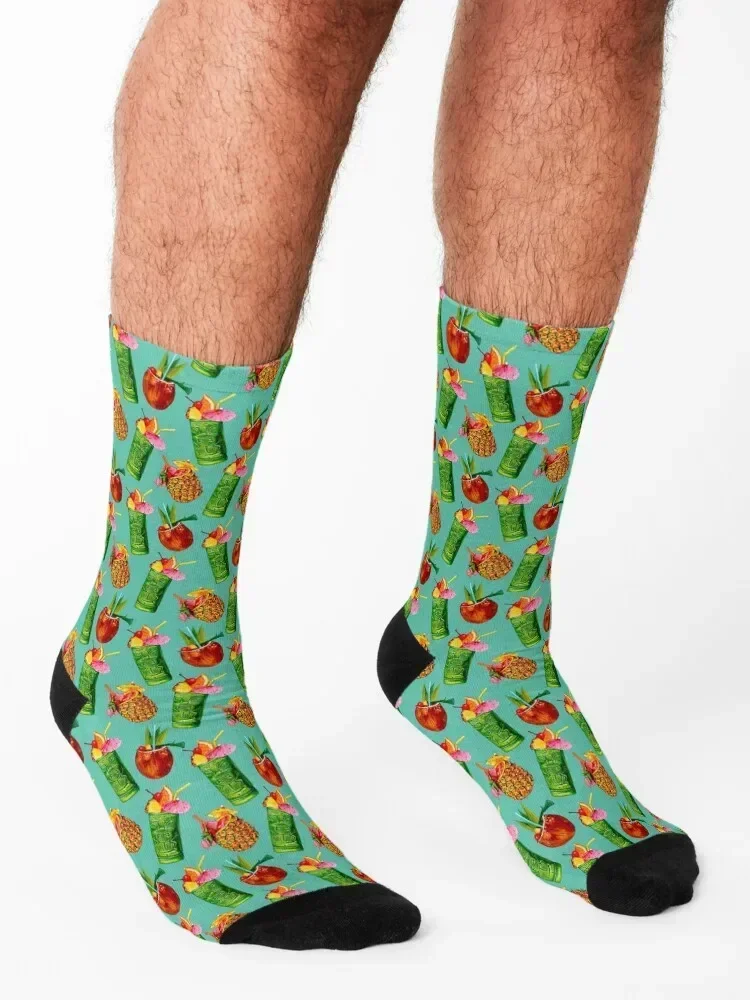 Patrón de cóctel Tiki - Calcetines verde azulado golf algodón retro deportes y ocio Mujer Calcetines Hombre