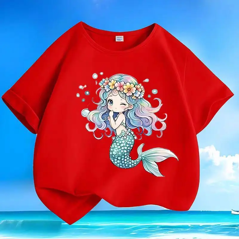 

2026 Summer Girls' Cartoon Mermaid Printed Short-Sleeve T-Shirt - Pure Cotton, Comfortable, Breathable Top