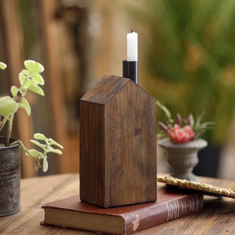 Wooden house shape wooden desktop candle holder, creative atmosphere decoration ornament in B & B hotel restaurant