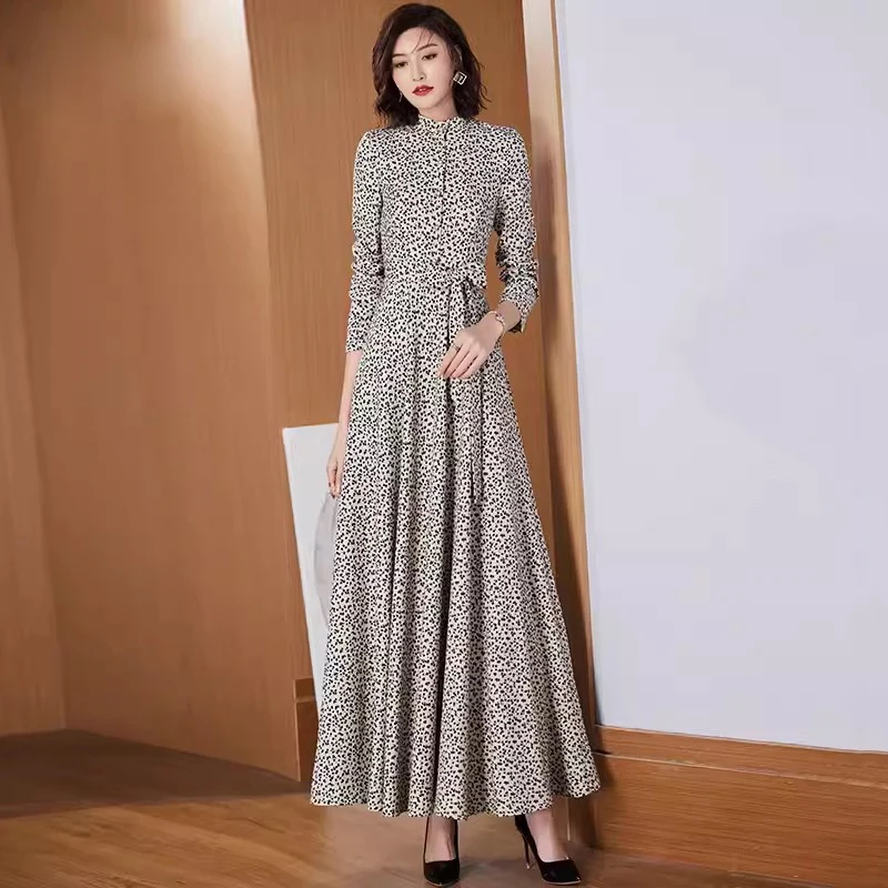 

New Women Dot Print Long Dress Spring Autumn Fashion Elegant Small Stand Collar Long Sleeve Belt Slim Overlength Casual Dress