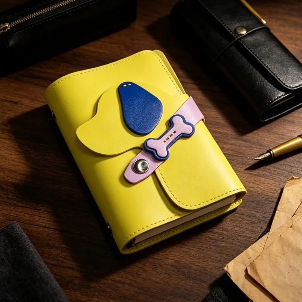 Cute Dog Bone Buckle Notebook A7 PU Leather Loose‑Leaf Handbook 3-fold Animal Portable Journal DIY Diary Pocket Planner gifts