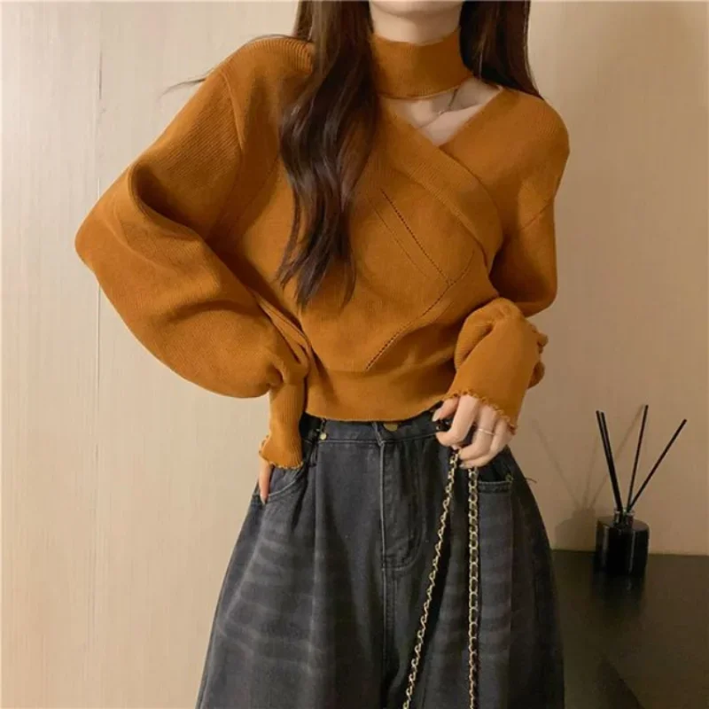 Cropped Pullovers Women Clothing Asymmetrical Sweaters Designer Girlish Teens High Street Temper Knit Korean Fashion Свитер Cozy