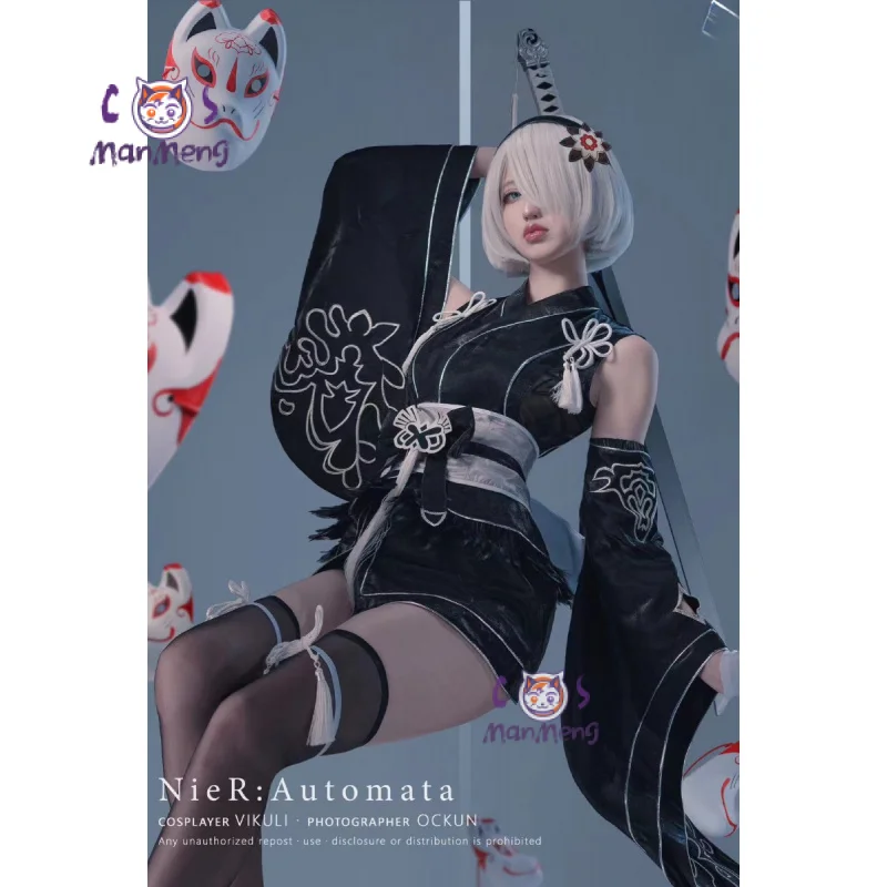 Tipo B YoRHa No. 2 Game Nier: disfraz de Cosplay de Automata, nuevo vestido kimono sexy negro, conjunto de peluca con accesorios para hombres y mujeres, uniformes de moda
