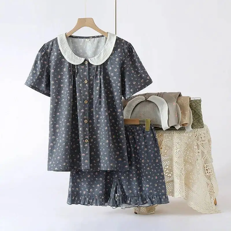 المرأة الصيف طبقة مزدوجة القطن جولة الرقبة سترة قصيرة الأكمام السراويل المطبوعة ملابس المنزل بيجامة البدلة