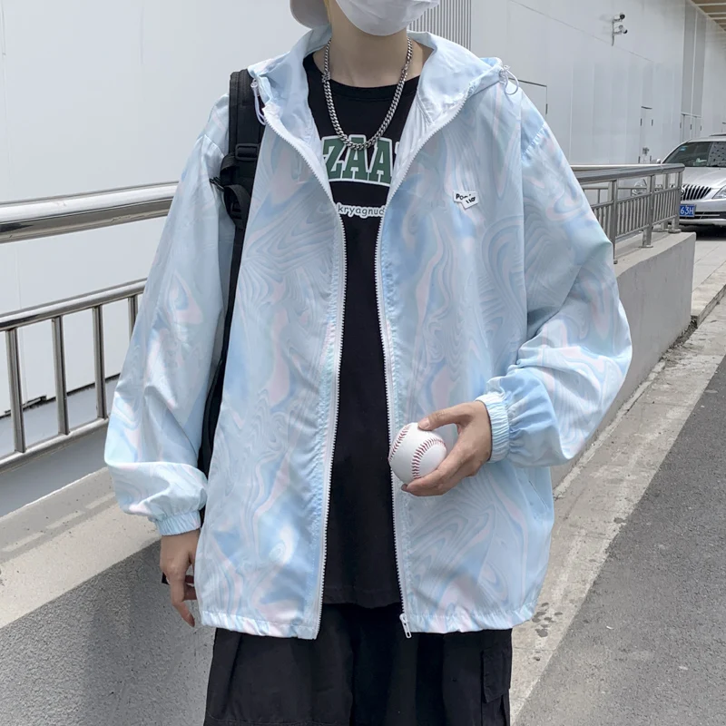 

Summer Thin Gradient Color Dyed Hooded Sun Protection Jacket Casual Loose Fit Zipper Closure Long Sleeve Youth Fashion Street...