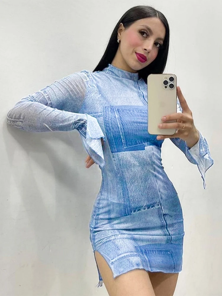 

Women's Denim Long Sleeve Turtleneck Mini Dress, One Piece Streetwear, Sexy Night Dress, Hot Y2K Clothes