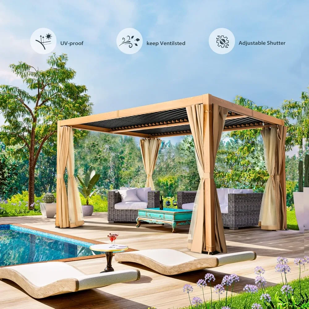 Louvered Pergola Pergola,Woodgrain-Look Metal Pergola with Adjustable Rainproof Roof,Patio Pergola with Curtains Mosquito Nets