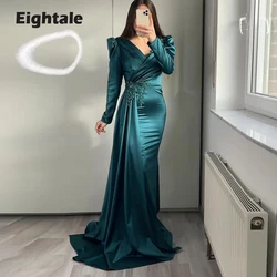 Eightale New Green Evening Dress for Wedding Party Appliques Beaded Satin Long Sleeves Mermaid Prom Gown Celebrity vestido festa