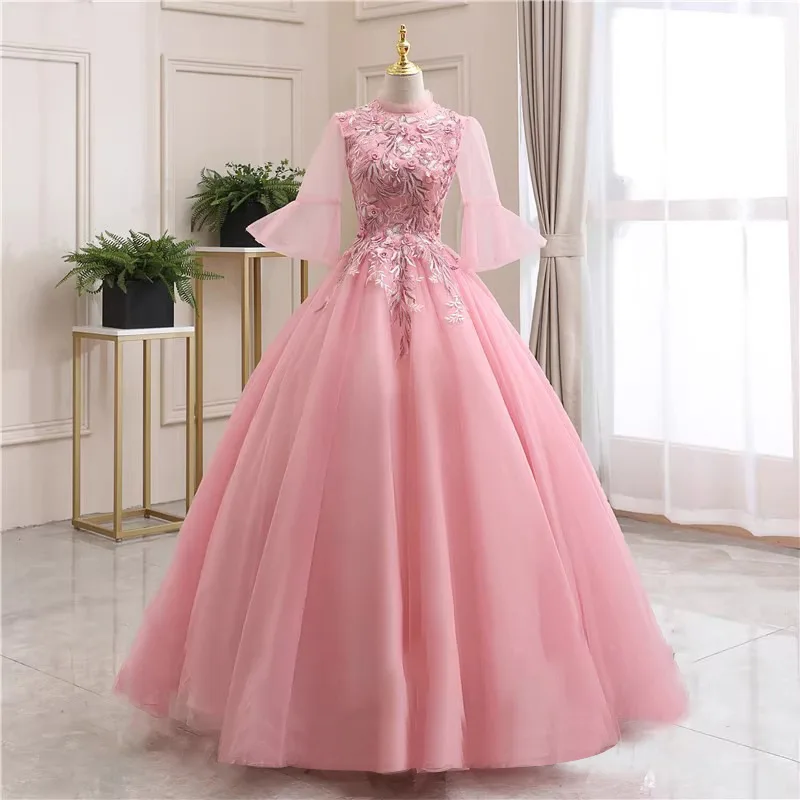 

Pink Lace Colored Gauze Performance Costume 2025 New Half Sleeved Stage Performance A-line Fluffy Skirt Host Evening Dress