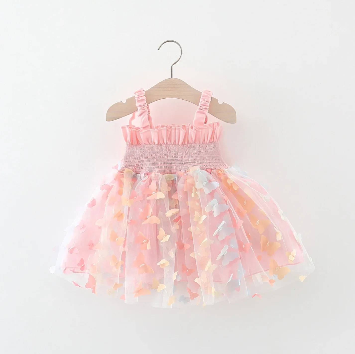 Baby Girl Summer Dress Sweet Hanging Strap Waist Mesh Colorful Butterfly Back Big Wings Princess Dress Party Dress