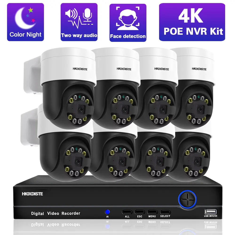 

4K Face Detection POE PTZ Security Camera System Outdoor Two Way Audio CCTV IP Camera Video Surveillance Kit 8MP 8CH POE NVR Kit