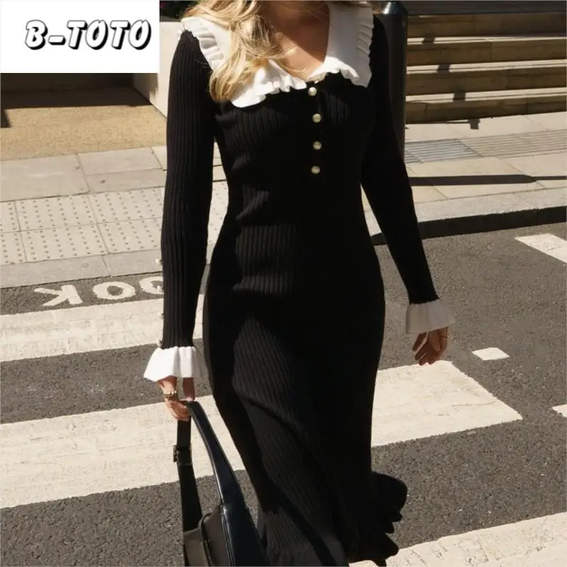 B-TOTO Women's High Waist Ruffle Dress Knitted Slim Long Women's Vintage Dresses Vintage Elegant French Dresses 2024 spring