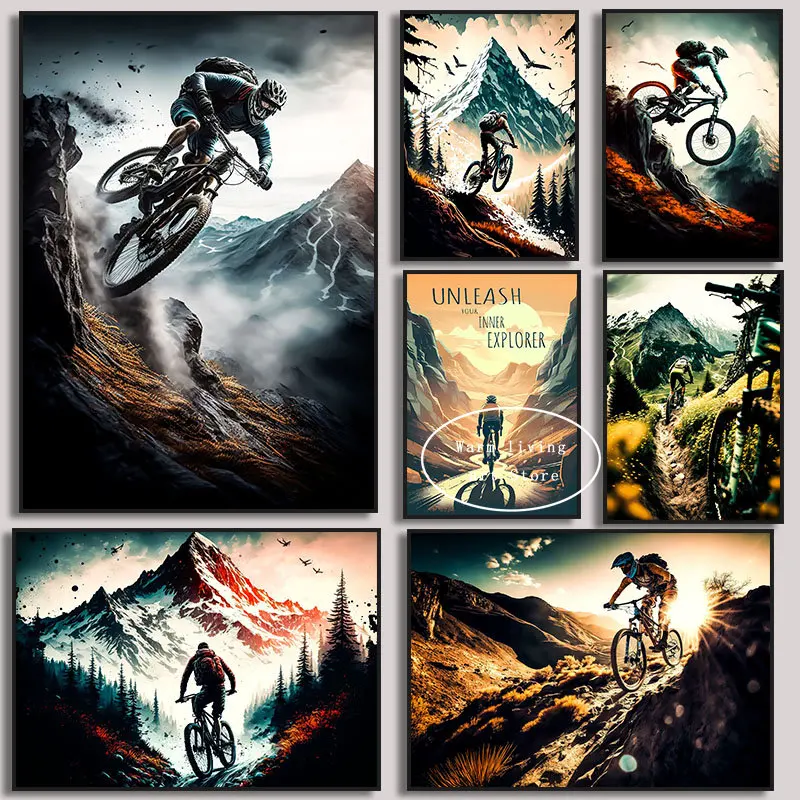 (No frame)Sport Mountain Bike Riding Canvas Painting MTB Wall Art Picture Abstract Retro Travel Landscape Mountain Biker Post