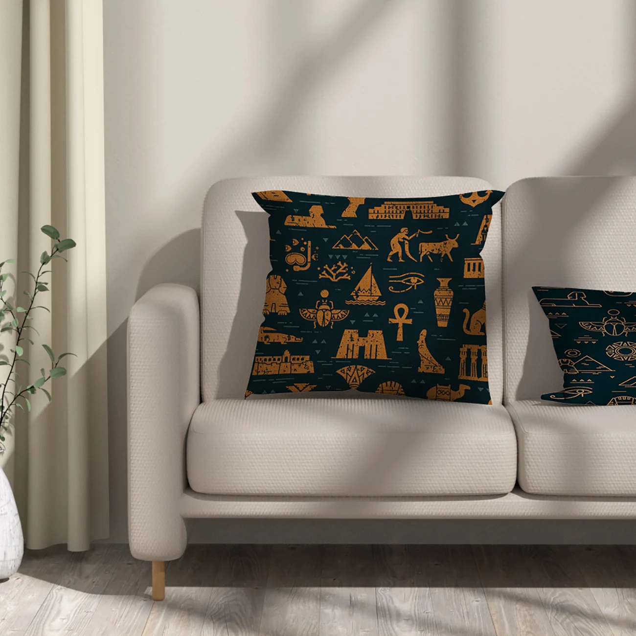 Linen Pillow Case for Living Room, Bohemia Ancient Egypt Totem, Pharaoh Print, Sofa Outdoor Cushion Cover, 45x45, 40X40