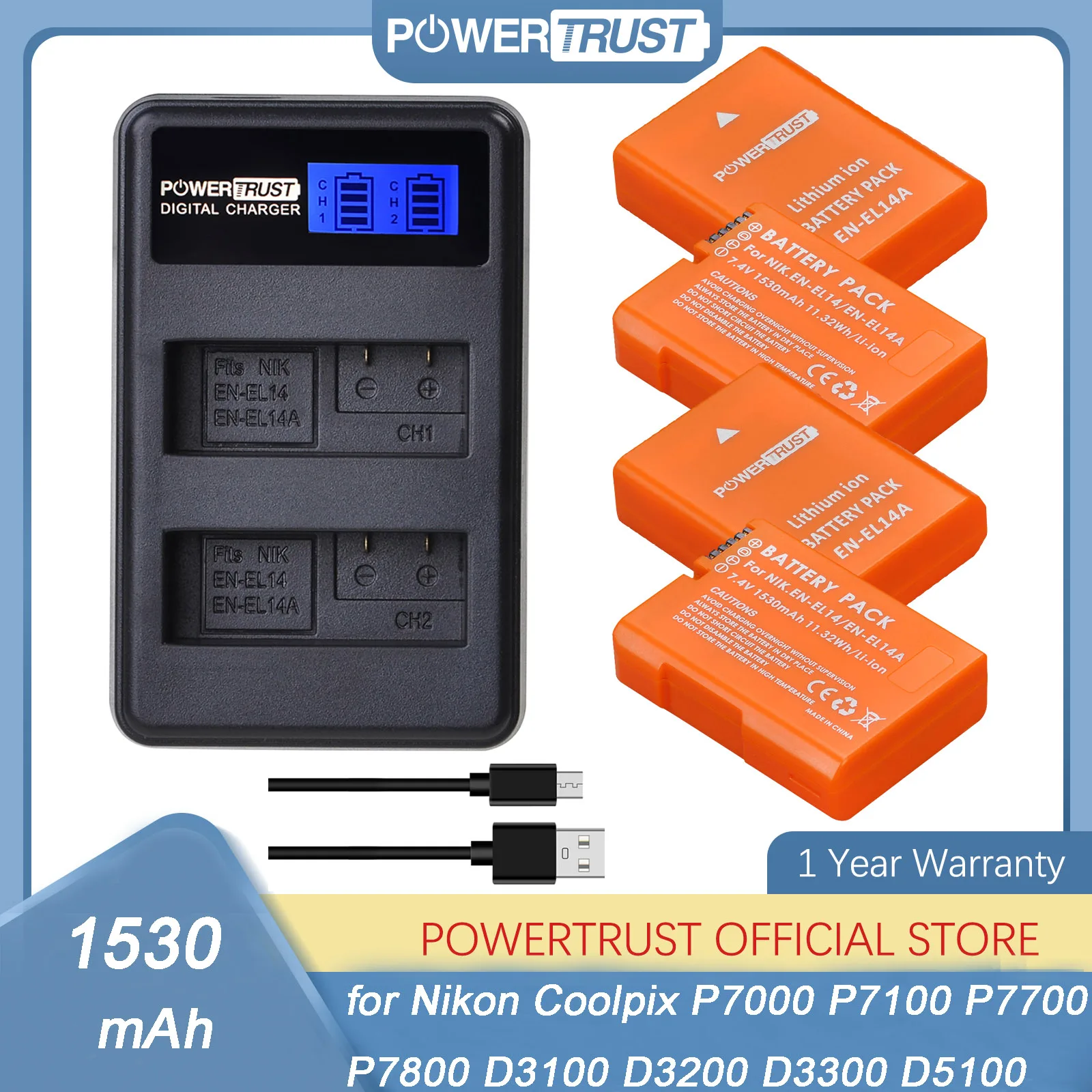 

1530mAh EN-EL14 EN-EL14a EN EL14 Camera Battery + LCD USB Charger for Nikon Coolpix P7000 P7100 P7700 P7800 D3100 D3200 D3300 DF