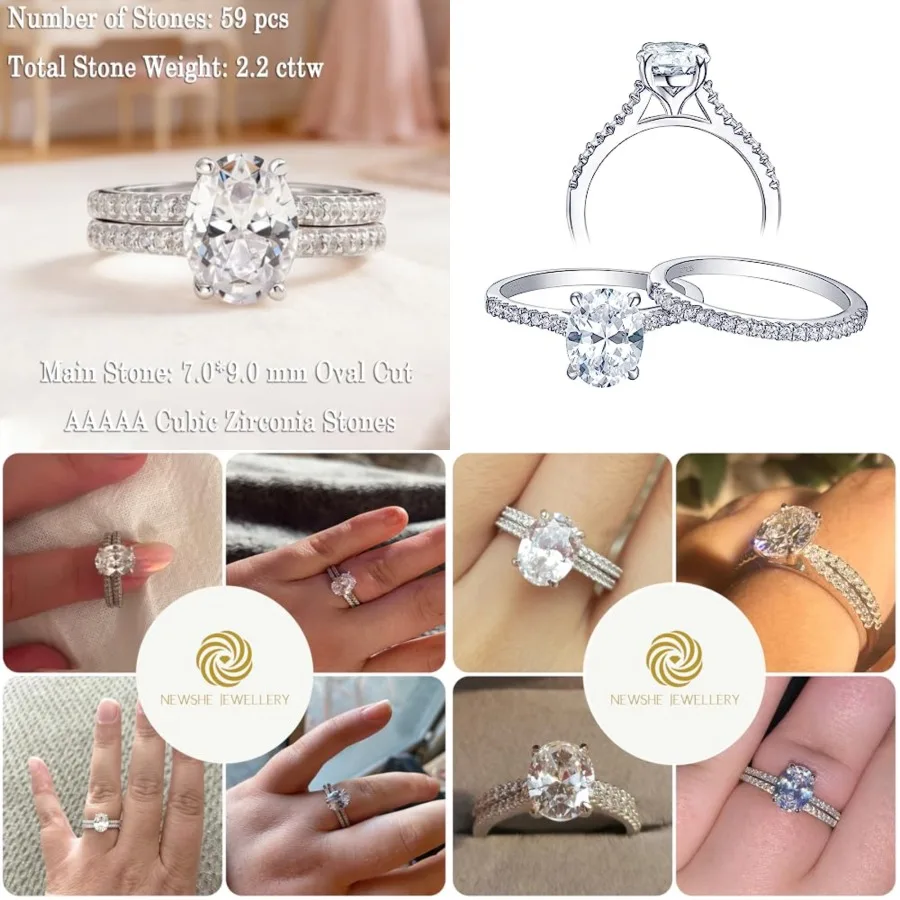 

Cubic Zirconia Engagement Rings for Women Wedding Ring Set Solitaire 2 Sterling Silver Oval Bridal Sets Travel Anniversary Size