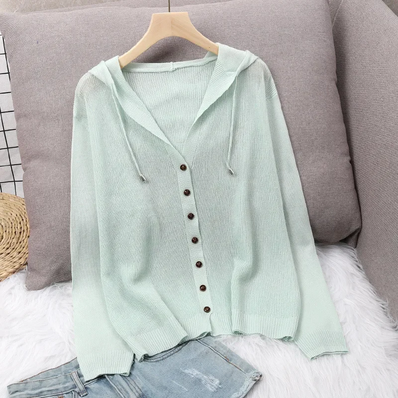 Summer Hooded Solid Color Knitted Jacket New Loose Hollow Cardigan Button V Neck Long Sleeve Large Size Top for Women Clothes