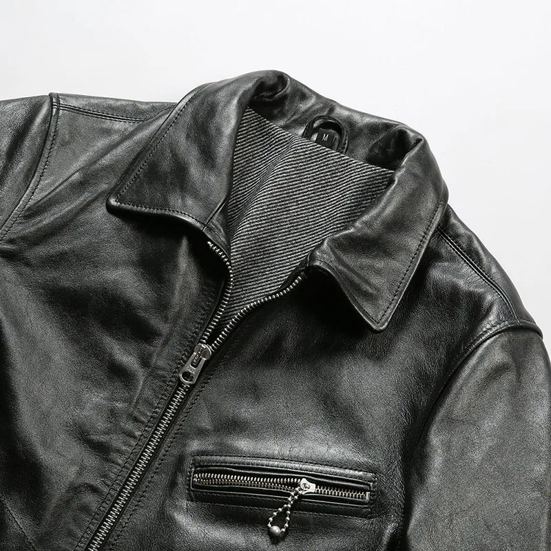 High-quality Simple Genuine Leather Jacket Horsehide Short Moto & Biker Slim Turn-down Collar Men\'s Casual Real Leather Coats