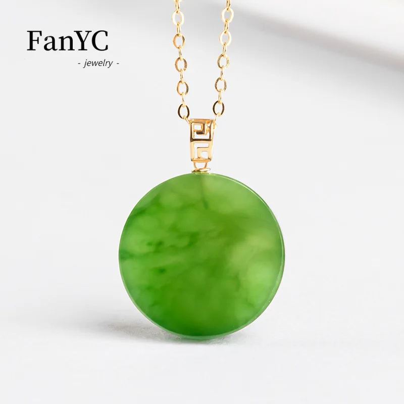 

Natural Hotan Jade Spinach Green Round Plaque Amulet Pendant 18K Gold Exquisite Fashion Jasper Necklace Ladies Gift