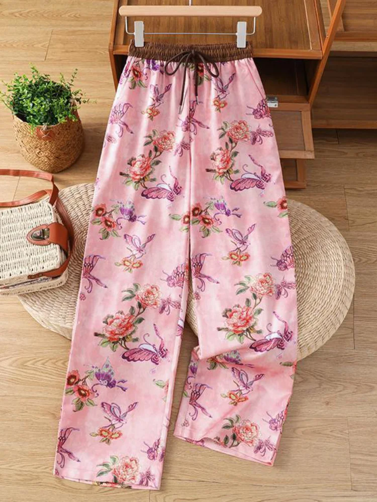 Floral Contrasting High Waisted Pants Drawstring Women's Casual Baggy Trousers Spodnie Straight Lace-Up Wide Leg Pantalones