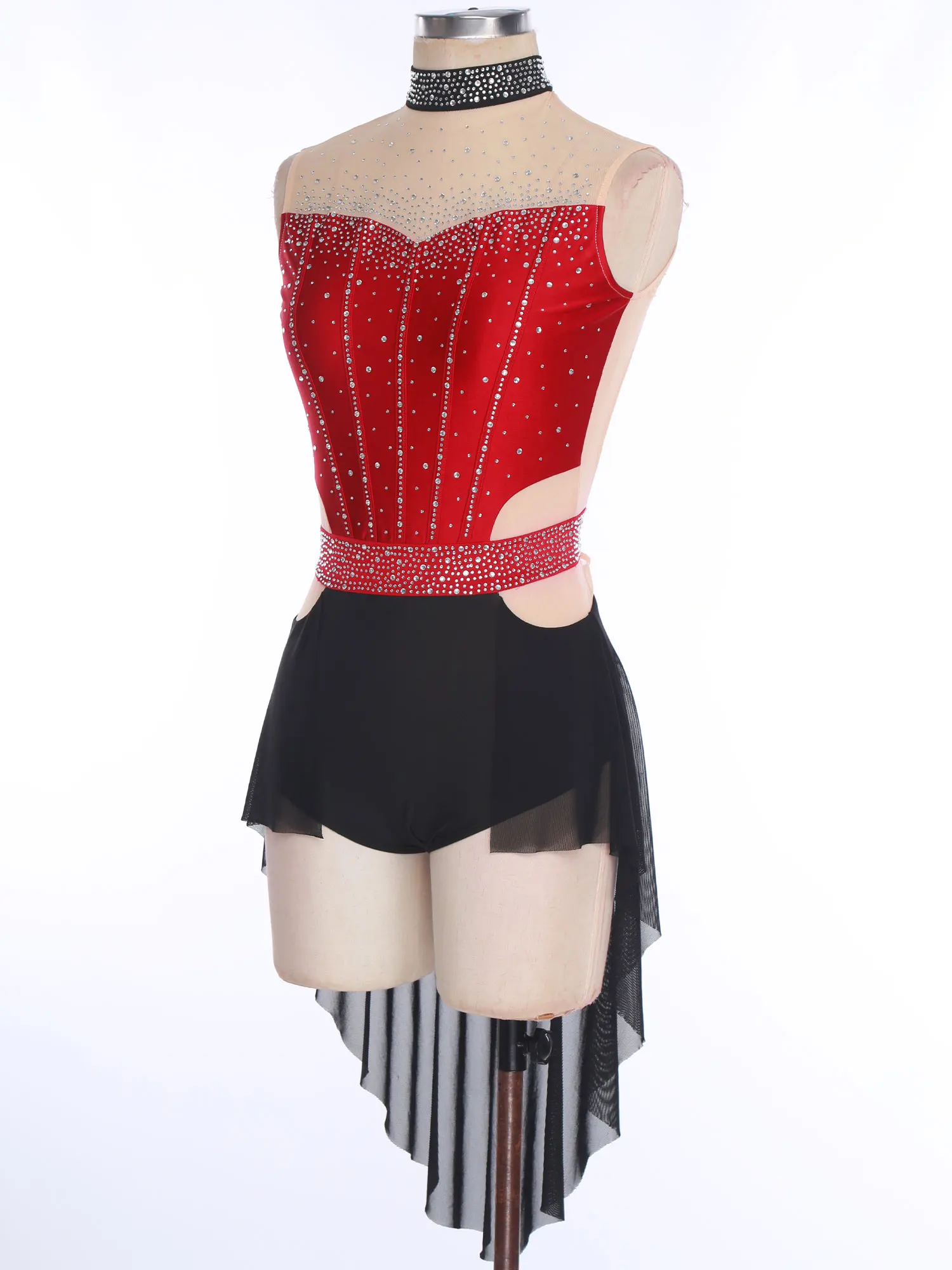 

Figure Skating Dress Women Lyrical Dance Gymnastic Modern Dancewear Sleeveless Backless Rhinestones Leotard Patchwork Mesh Dress