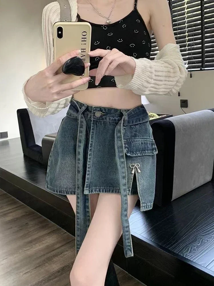 새로운 한국어 버전 디자인 감각 뜨거운 여자 레트로 데님 여성 a 라인 스커트 여름 높은 허리 모든 경기 반바지