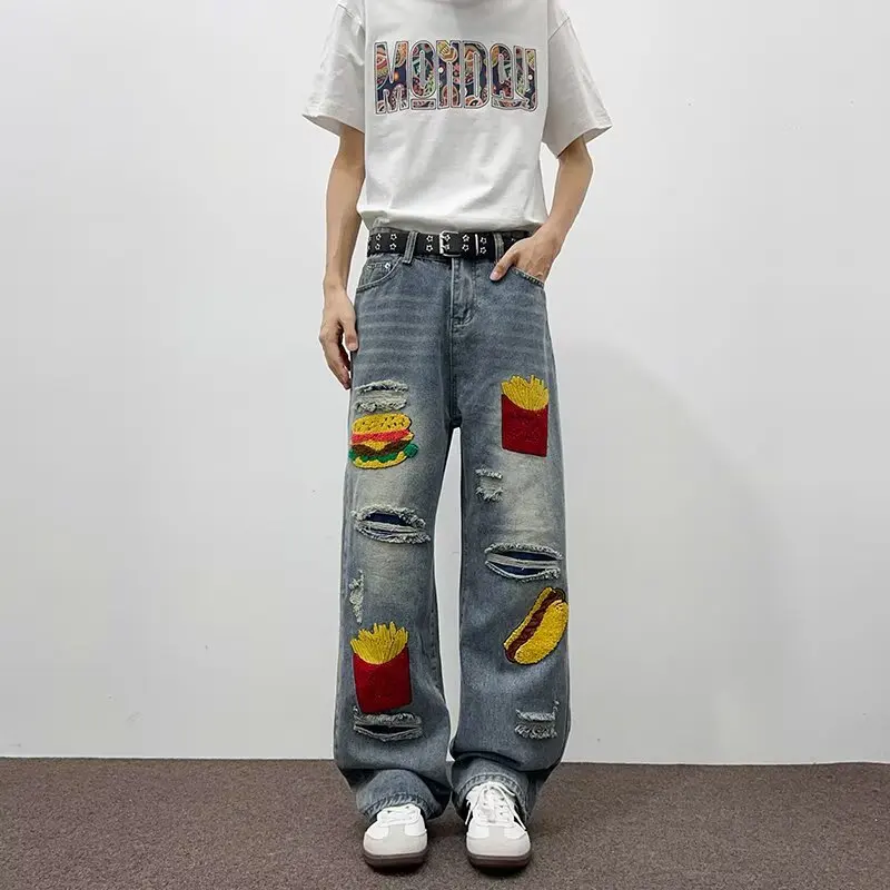 

Джинсы с вышивкой American Sle Ins Creative Burger, картофель фри, прямые брюки длиной до пола, ex Street Sle