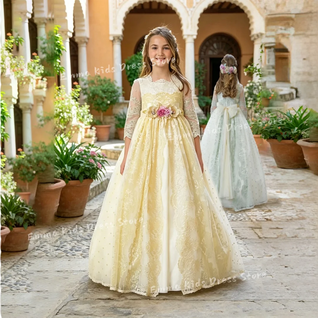 

Luxury Custom Wedding Bridesmaid and Flower Girl Dress Long Sleeve 3D Floral Tulle Dress Children's First Communion Dress