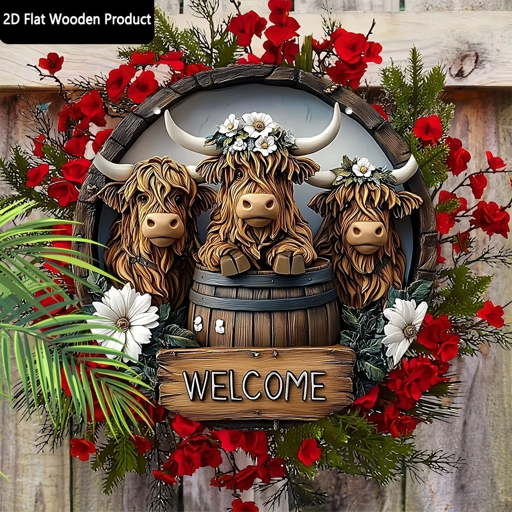 2D Flat, Rustic Highland Cow Welcome Sign Wall Decor - 2D Flat Wooden Plaque with Floral Accents, Aged Vintage Look, 19.99x19.99