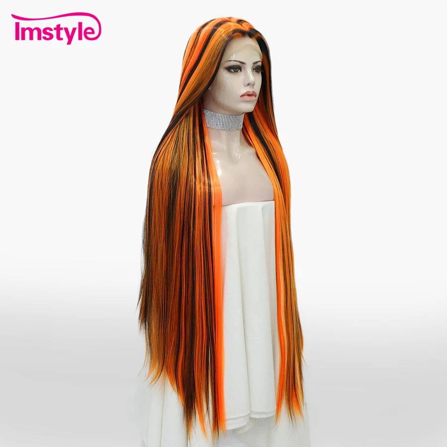 Imstyle 44'' Super Long Wig Synthetic Lace Front Wig Orange Highlight Black Wigs For Women Heat Resistant Fiber Cosplay Wig