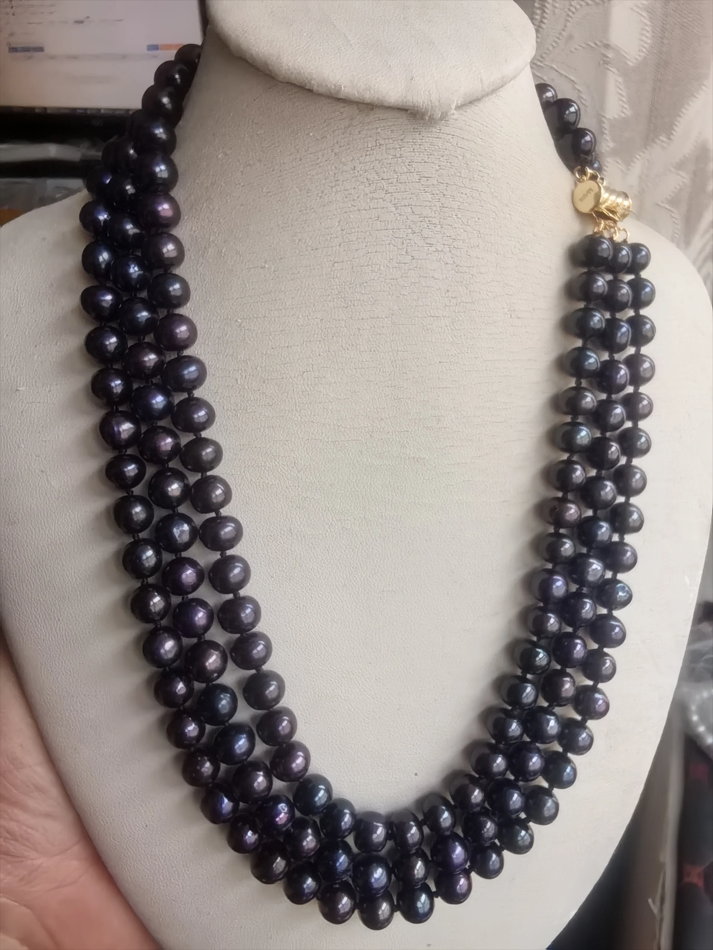 Classic necklace AAAA7-8mm natural Tahitian black pearl 3-row necklace 16-17-18 inch/18-19-20 inch/925s