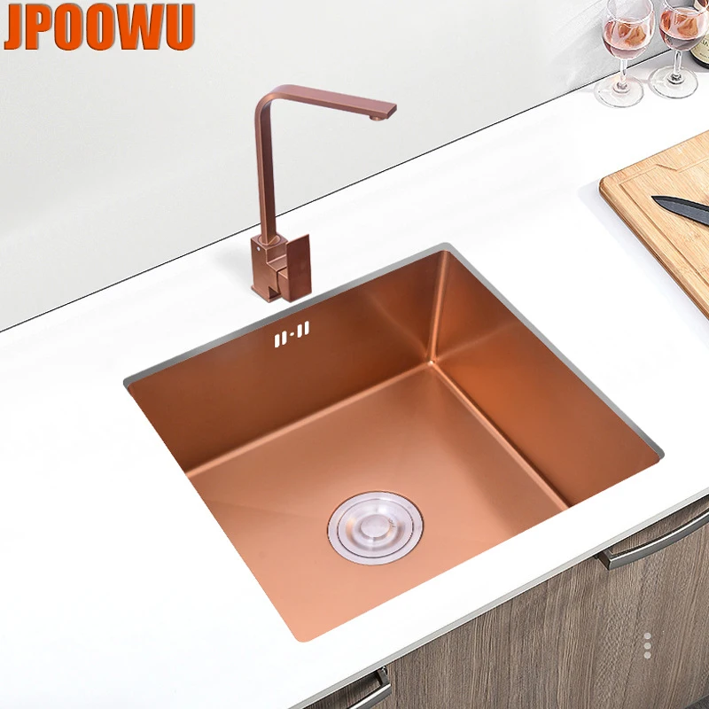 

Rose Gold Kitchen Sink Wash Basin SUS304 Stainless Steel Single Bowl Sinks Modern Luxury Rectangular Home Fixture with Faucets