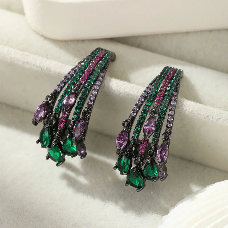 Gothic Multicolor Crystal Fringe Drop Earrings Black Gold Plated Green&Purple CZ Stone Fashion Jewelry Party & Evening Accessory