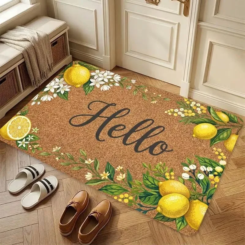 Lemon and Floral Hello Print Doormat Non Slip Summer Decorative Floor Mat for Front Door