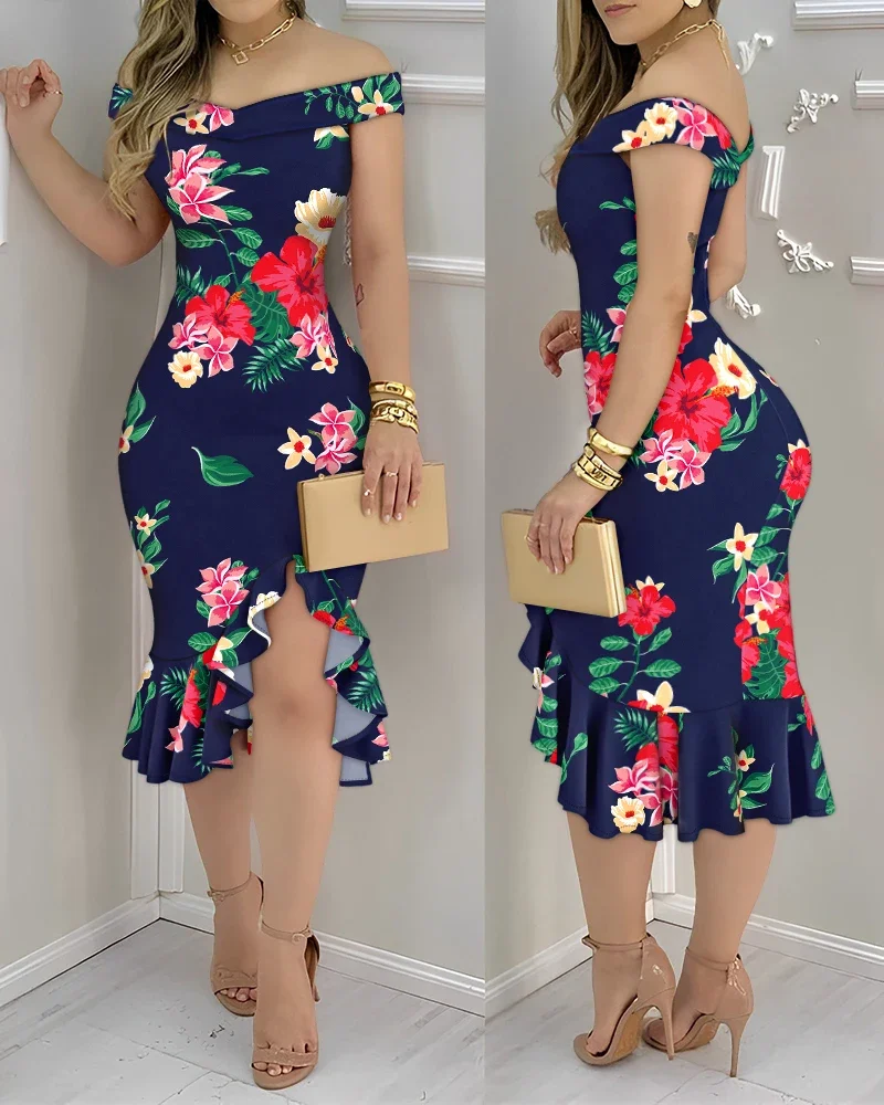 

Elegant Spring Women's Dress Floral Prnit Off Shoulde Ruffles Hem Sexy Slit Slim Fit High Waist Wrap Hip Bodycon Midi Dress
