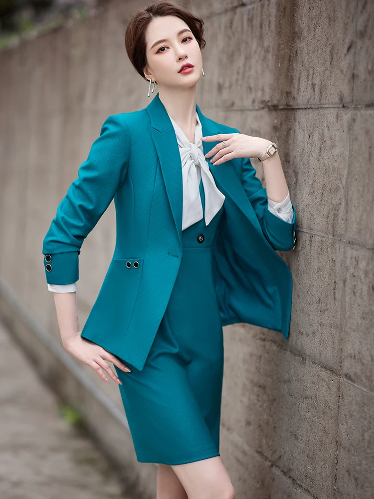 

Women Elegant Two Piece Set Skirt Suits For Business Work Interview Wear Ladies Green Black Wine Blue Blazer Formal Skirt Suit