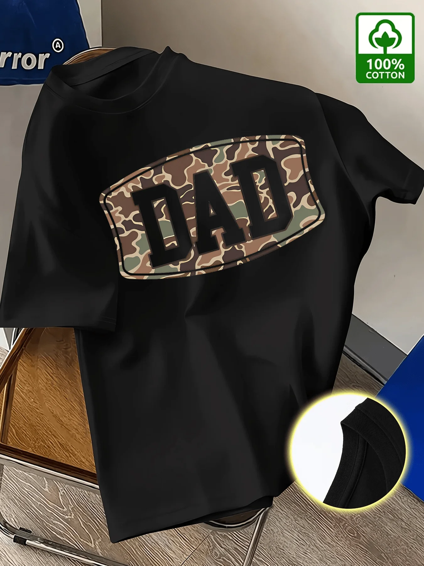 

Черная мужская хлопковая футболка с камуфляжным принтом «DAD» — футболка с круглым вырезом в уличном стиле