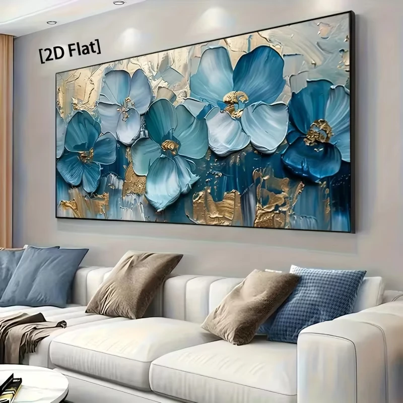 Frameless Modern Minimalist Blue Flowers Canvas Painting Large Size Floral Poster Wall Art Suitable for Living Room Decoration P