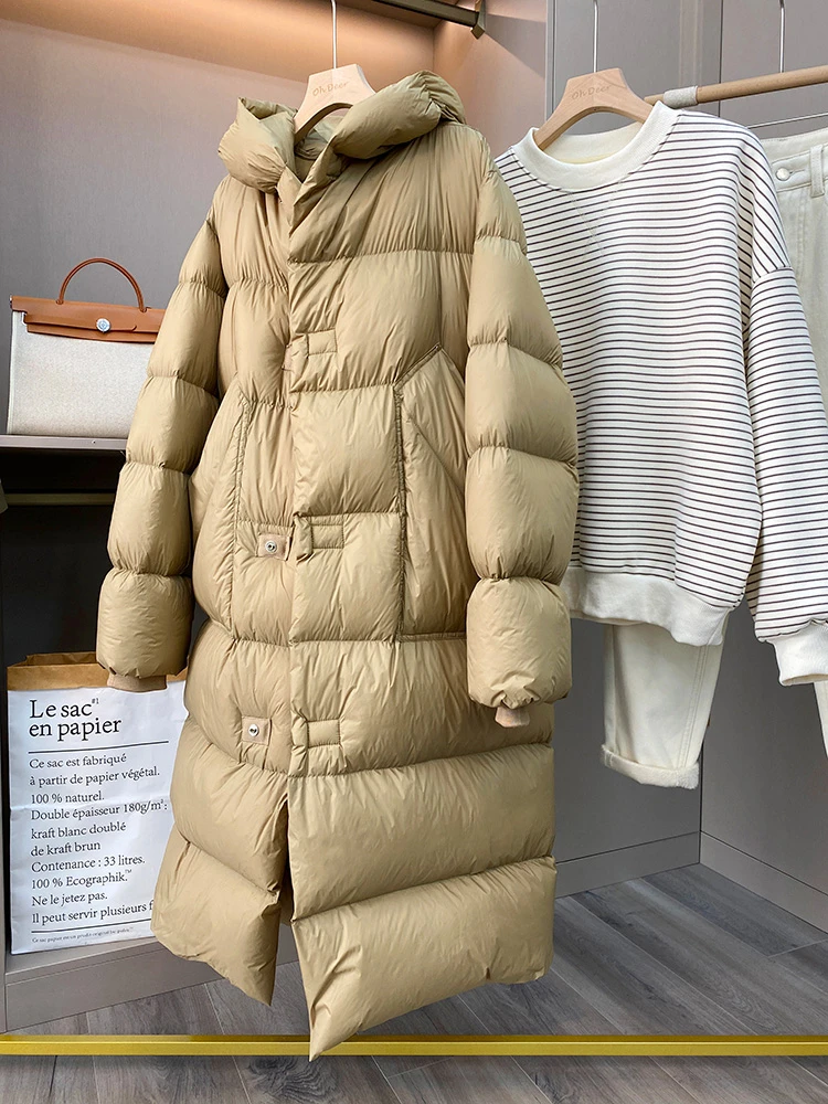 2023 New Oversize Hooded Winter Puffer Jacket Women Solid Thick Warm Sashes Tie Up White Duck Down Over The Knee Coat