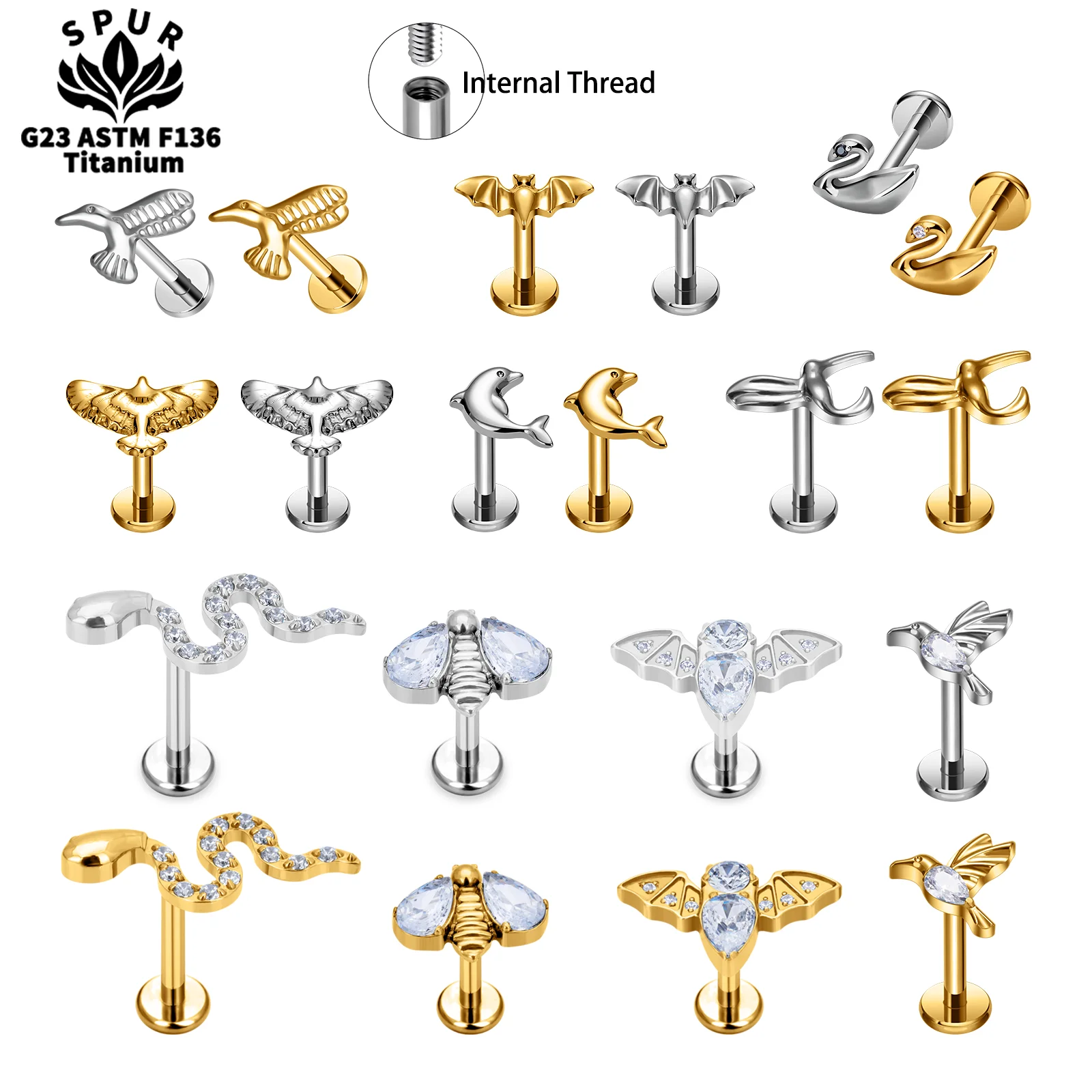 G23 Titanium Piercing Bee Bat Bird Labret Lip Nose Stud Internal Thread Ear Cartilage Tragus Helix Lobe Women Body Jewelry