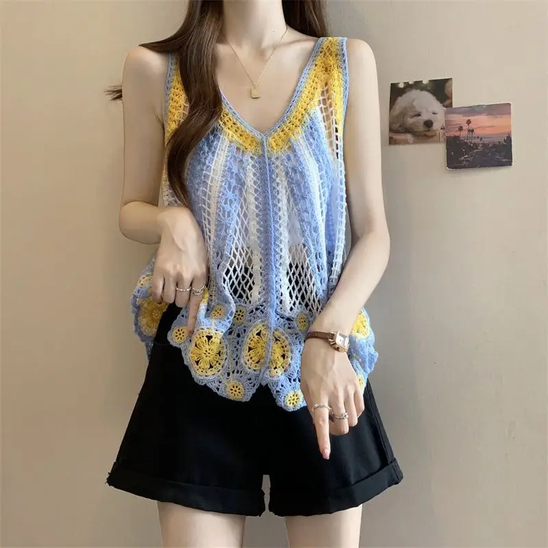 Robe camisole à franges pour femmes, ample, design creux, imprimé, haut tendance en tricot, nouvelle collection