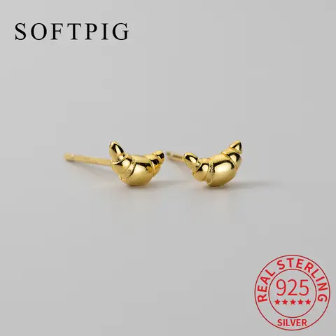 SOFTPIG 리얼 925 스털링 실버 미니 크로와상 스터드 귀걸이 여성을위한 클래식 파인 쥬얼리 귀 구멍 케어 액세서리