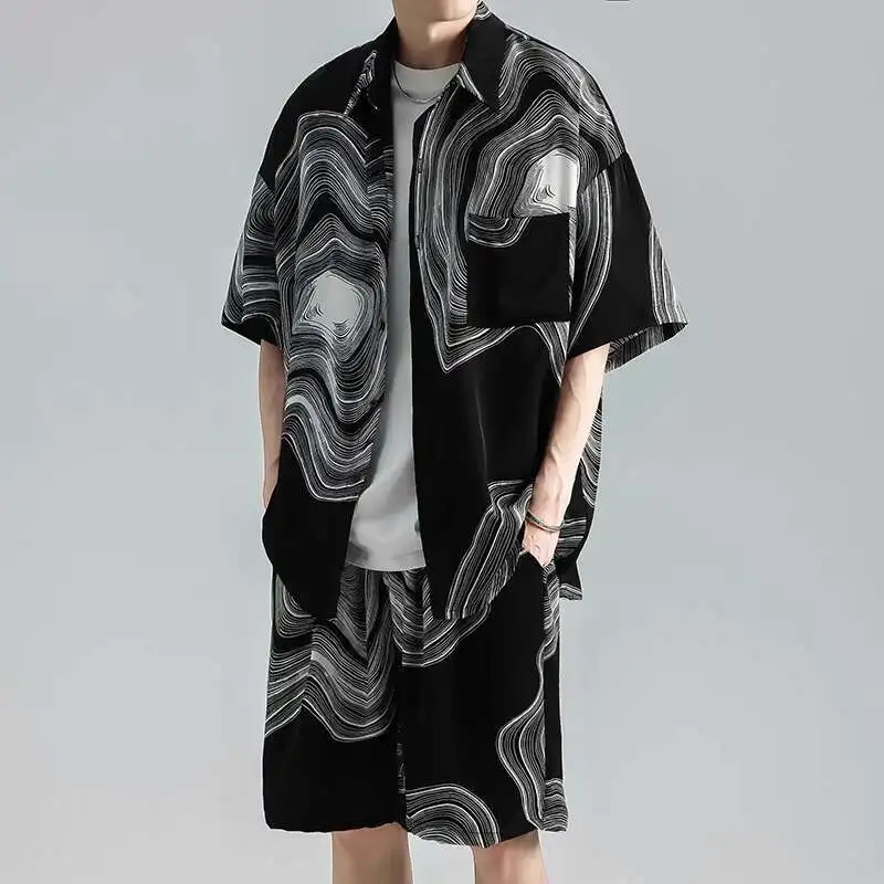 

Summer Set Men Fashion Retro Printed Shirt Shorts Two-piece Sets Men Streetwear Loose Ice Silk Set Mens Large Size 5XL