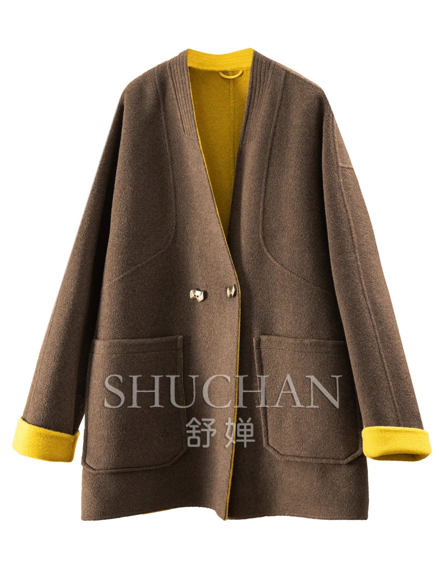 Thick Coat Winter Loose Cashmere Wool Double-sided Woolen V-neck Medium-length Coat Women's F338